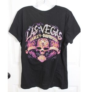 Las Vegas Harley Davidson V Neck‎ T-Shirt Skull Graphic Black Womens L